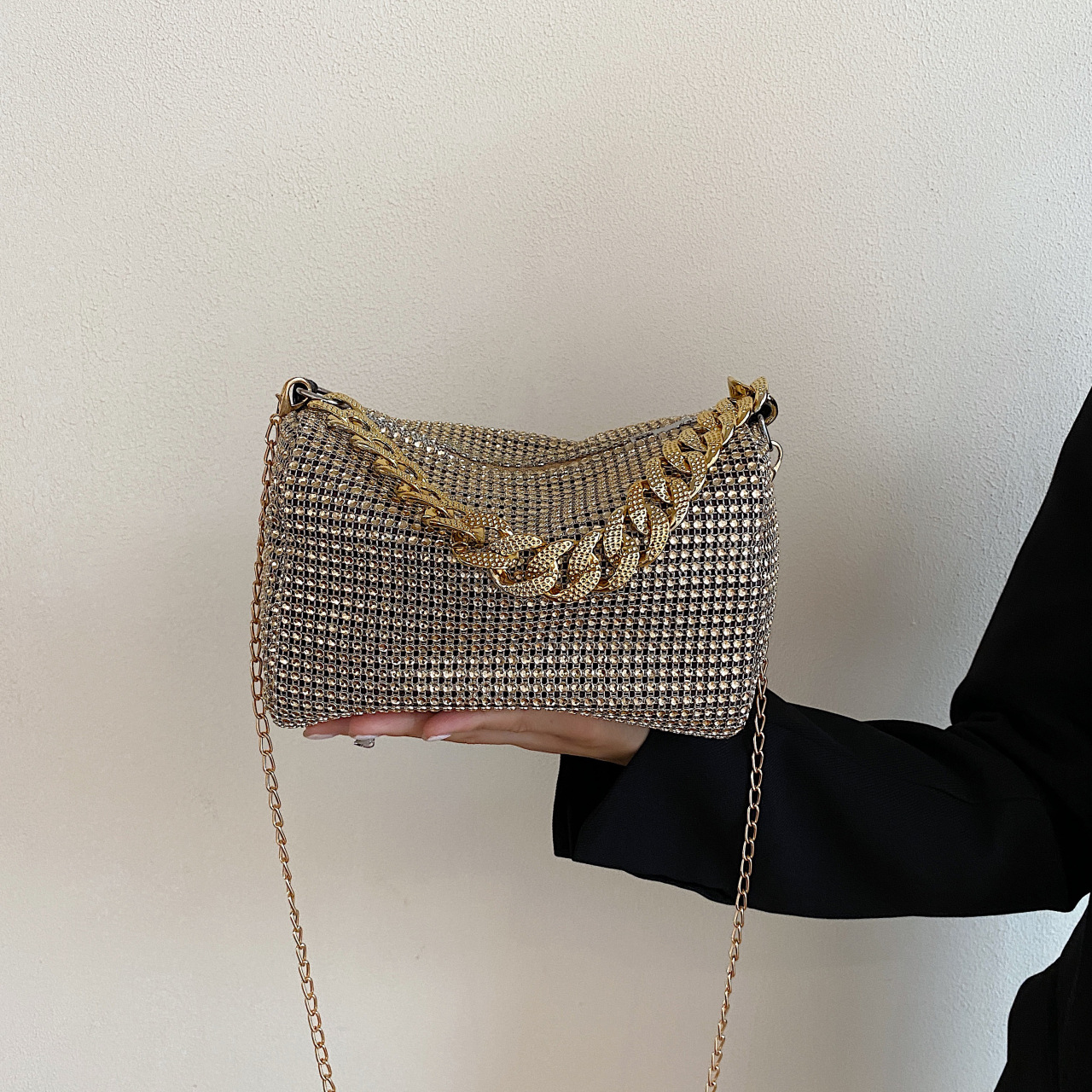 Women’s Small Square Crossbody Bag with Rhinestone Detail and Chain Handle