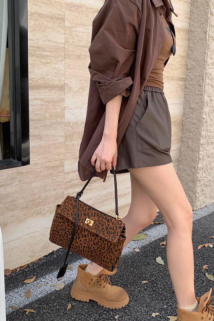 MBH Suede Patchwork Top Grain Leather Leopard Kelly Bag Lock Commuter Handbag with Charm and Shoulder Strap - Image 5