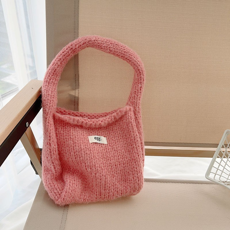 2024 Autumn Winter New Egg Korean Wool Knit Chunky Handheld Bag Solid Color Refined Handbag - Image 3