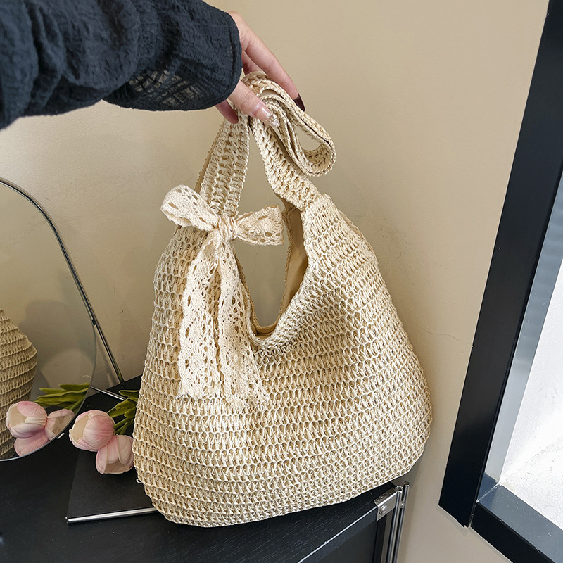 Women's Woven Single-Shoulder Tote Bag Large Capacity Beach Basket Bag with Silk Scarf Bow