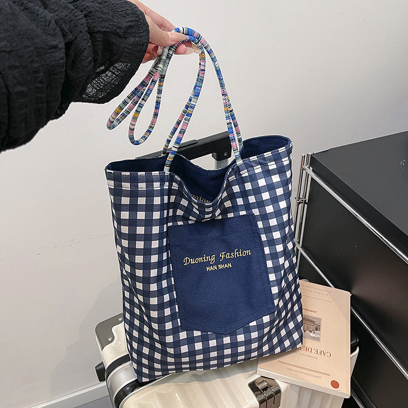 Korean Double-Sided Plaid One-Shoulder Tote Bag Large Capacity Commuter Underarm Bag for Women