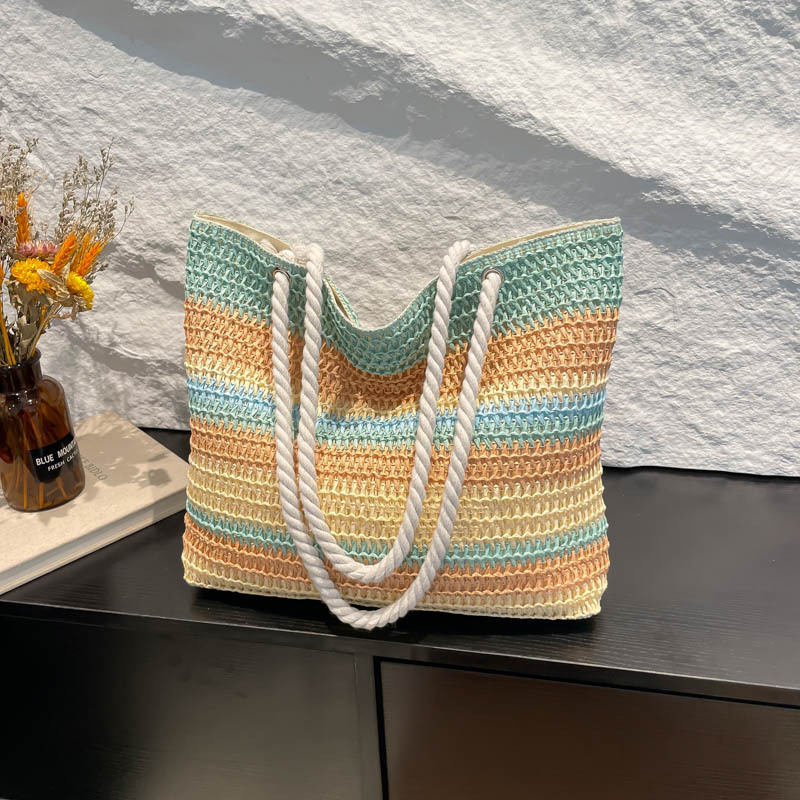 2025 New Fashion One-Shoulder Bag Women Rainbow Striped Color Block Straw Woven Large Capacity Beach Vacation Tote Bag Trendy