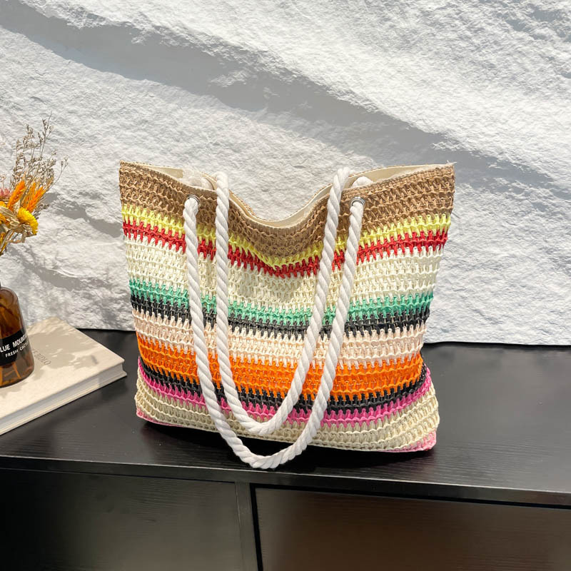 2025 New Fashion One-Shoulder Bag Women Rainbow Striped Color Block Straw Woven Large Capacity Beach Vacation Tote Bag Trendy