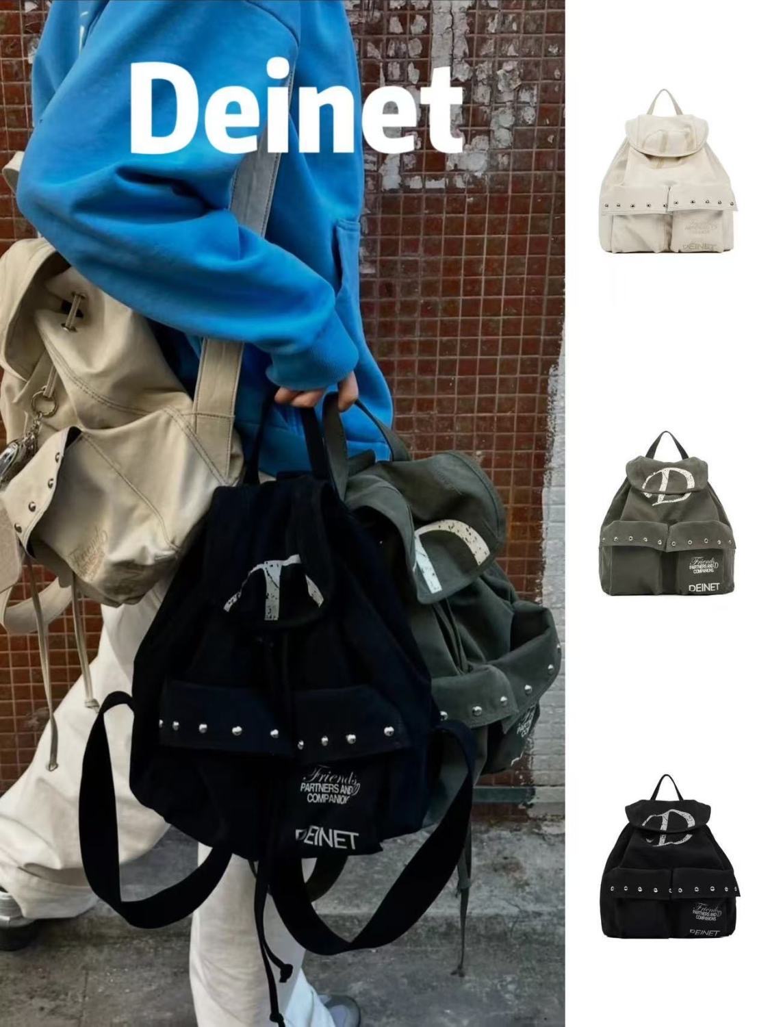 Deinet Korean Niche Backpack 2025 New Drawstring Pocket Rivet Canvas Large Capacity Bag - Image 4