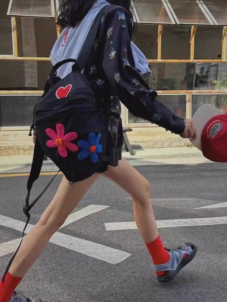 Korean Dongdaemun Large Heart Flower Patchwork Lightweight Travel Backpack